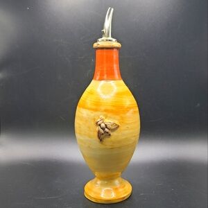 Art Pottery Oil Cruet Bottle Glazed Orange Yellow Bee Rustic Signed